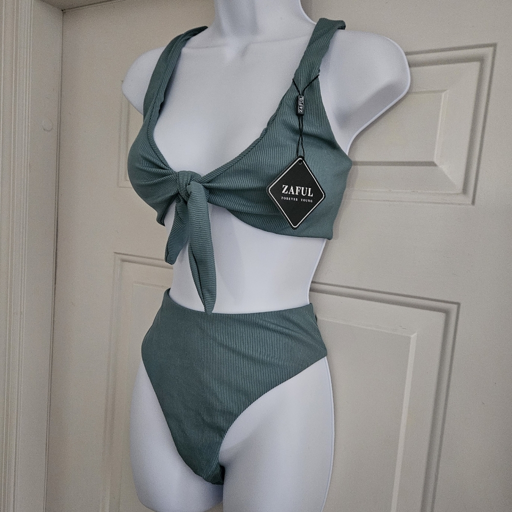 Zaful Sage Green Ribbed Bikini Set